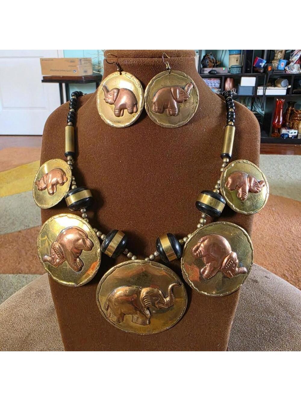 Artisan handmade copper N brass N Beads Elephant necklace and earrings set